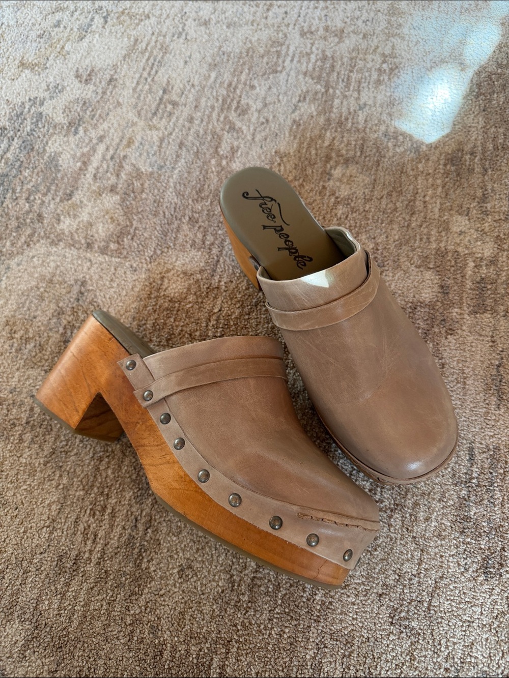 Free People Calabasas Leather Wooden Heel Clogs Size 37 or 7